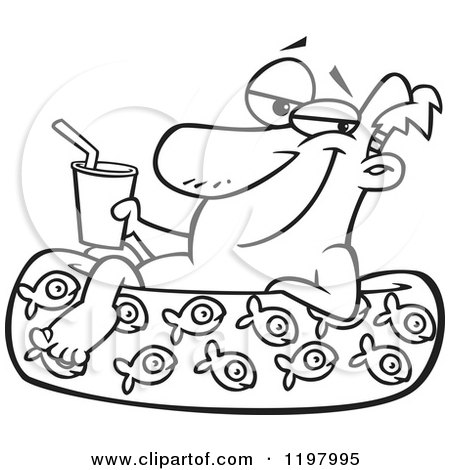 Cartoon of an Outlined Man Relaxing with a Drink in a Kiddie Pool - Royalty Free Vector Clipart by toonaday