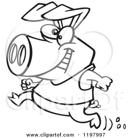 Cartoon of an Outlined Happy Pig Running in a Shirt - Royalty Free Vector Clipart by toonaday