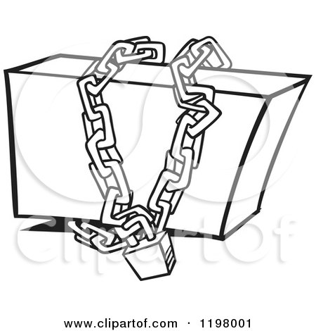 Cartoon of an Outlined Box Locked up in Chains - Royalty Free Vector Clipart by toonaday
