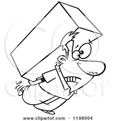 Cartoon of an Outlined Strained Man Carrying a Heavy Big Box on His Back - Royalty Free Vector Clipart by toonaday