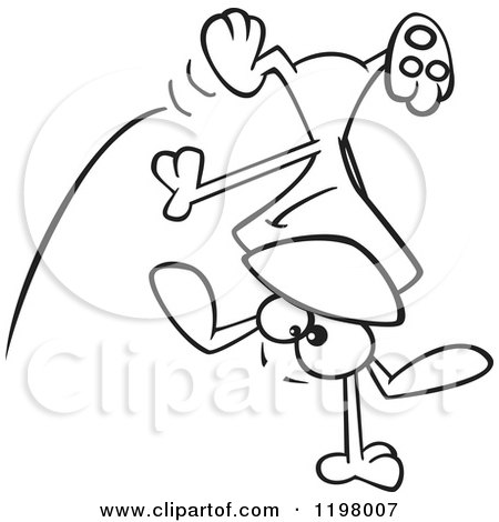 Cartoon of an Outlined Happy Dog Doing a Cartwheel - Royalty Free Vector Clipart by toonaday