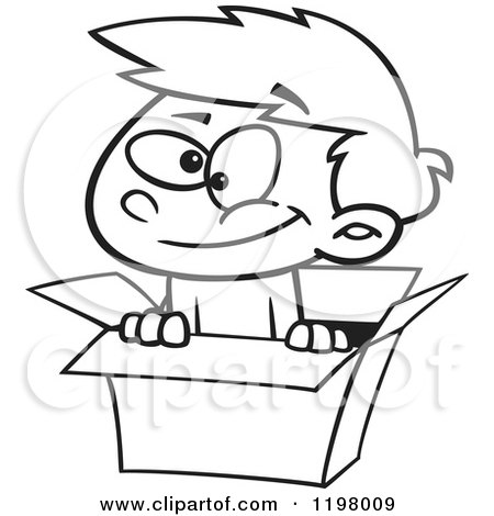 Cartoon of an Outlined Happy Boy Playing in a Box - Royalty Free Vector Clipart by toonaday