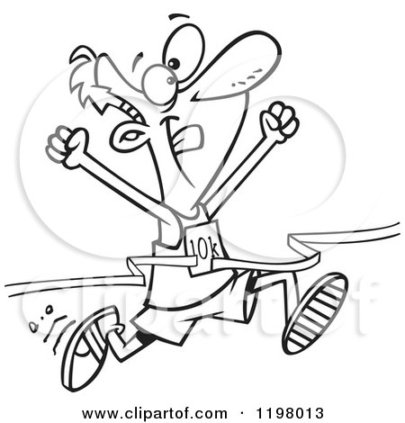 Cartoon of an Outlined Male 10k Runner Crossing the Finish Line - Royalty Free Vector Clipart by toonaday