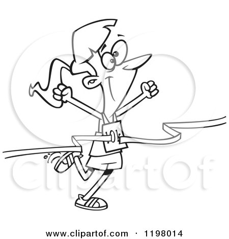 Cartoon of an Outlined Female 10k Runner Crossing the Finish Line - Royalty Free Vector Clipart by toonaday
