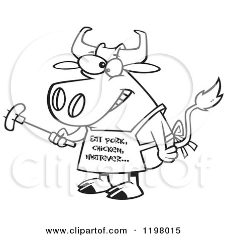 Cartoon of an Outlined Bbq Cow Holding a Sausage on a Fork and Wearing an Eat Pork Chicken Whatever Apron - Royalty Free Vector Clipart by toonaday