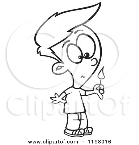 Cartoon of an Outlined Boy Holding a Lit Match - Royalty Free Vector Clipart by toonaday