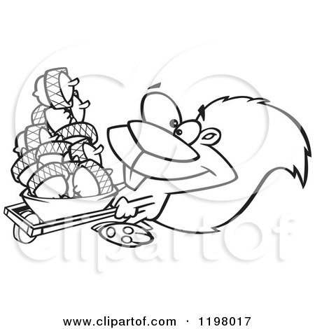Cartoon of an Outlined Prepper Squirrel with a Wheelbarrow Full of Acorns - Royalty Free Vector Clipart by toonaday