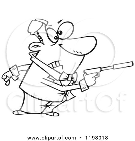 Cartoon of an Outlined Male Secret Angent Pointing a Gun with a Silencer - Royalty Free Vector Clipart by toonaday