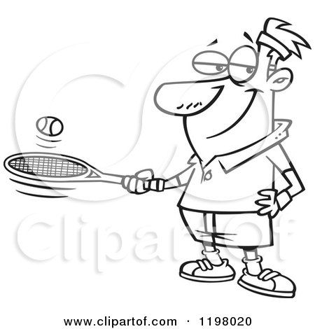 Cartoon of an Outlined Man Bouncing a Ball on His Tennis Racket - Royalty Free Vector Clipart by toonaday