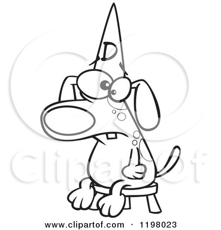 Cartoon of an Outlined Dumb Dog Wearing a Hat on a Stool - Royalty Free Vector Clipart by toonaday