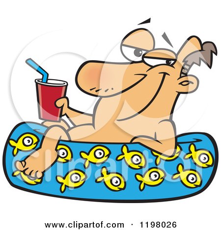 Cartoon of a Relaxed Man with a Drink in a Kiddie Pool - Royalty Free Vector Clipart by toonaday