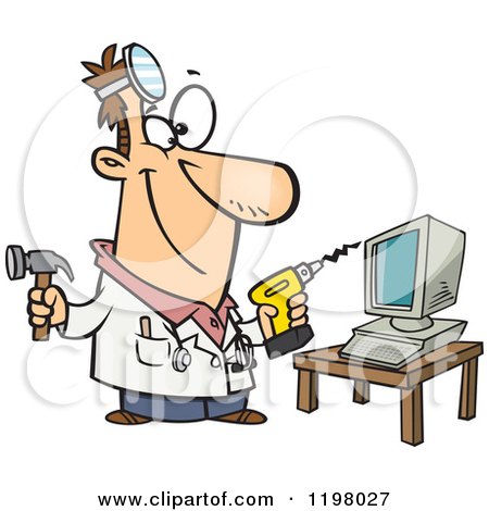Cartoon of a Computer Repair Technician with Tools - Royalty Free Vector Clipart by toonaday