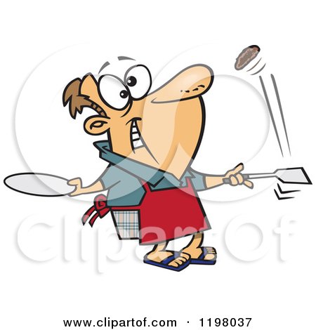 Cartoon of a Happy Caucasian Man Wearing an Apron and Flipping Burgers - Royalty Free Vector Clipart by toonaday