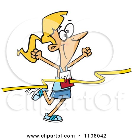 Cartoon of a Outlined Female 10k Runner Crossing the Finish Line - Royalty Free Vector Clipart by toonaday