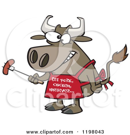 Cartoon of a Bbq Cow Holding a Sausage on a Fork and Wearing an Eat Pork Chicken Whatever Apron - Royalty Free Vector Clipart by toonaday