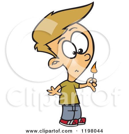 Cartoon of a Caucasian Boy Holding a Lit Match - Royalty Free Vector Clipart by toonaday