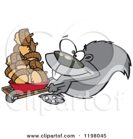Cartoon of a Prepper Squirrel with a Wheelbarrow Full of Acorns - Royalty Free Vector Clipart by toonaday