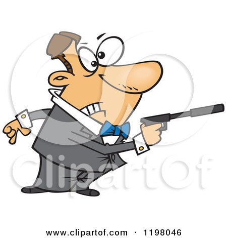 Cartoon of a Male Caucasian Secret Angent Pointing a Gun with a Silencer - Royalty Free Vector Clipart by toonaday