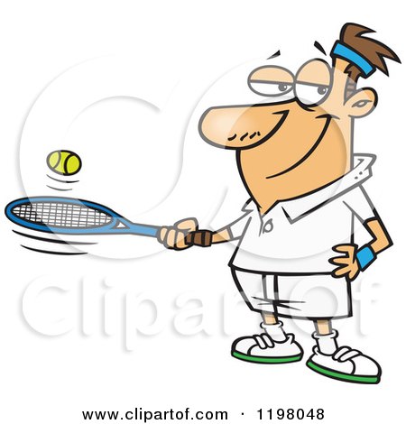 Cartoon of a Caucasian Man Bouncing a Ball on His Tennis Racket - Royalty Free Vector Clipart by toonaday