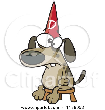 Cartoon of a Dumb Dog Wearing a Hat on a Stool - Royalty Free Vector Clipart by toonaday