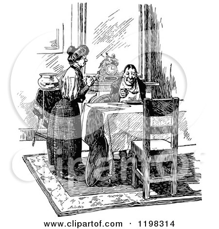 Clipart of a Black and White Vintage Wife Serving Her Husband a Meal - Royalty Free Vector Illustration by Prawny Vintage