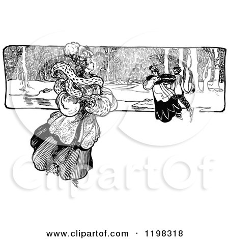 Clipart of a Black and White Vintage Couple and Lady Ice Skating - Royalty Free Vector Illustration by Prawny Vintage