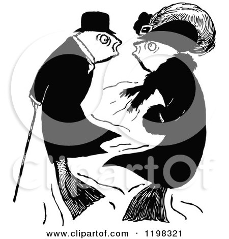 Clipart of a Black and White Vintage Fancy Fish Couple - Royalty Free Vector Illustration by Prawny Vintage