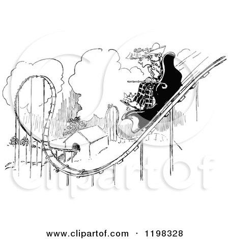 Clipart of a Black and White Vintage Couple Riding a Roller Coaster - Royalty Free Vector Illustration by Prawny Vintage