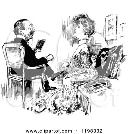 Clipart of a Black and White Vintage Posh Couple Sitting - Royalty Free Vector Illustration by Prawny Vintage