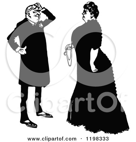 Clipart of a Black and White Vintage Posh Couple Talking - Royalty Free Vector Illustration by Prawny Vintage