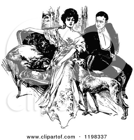 Clipart of a Black and White Vintage Dog and Couple on a Sofa - Royalty Free Vector Illustration by Prawny Vintage