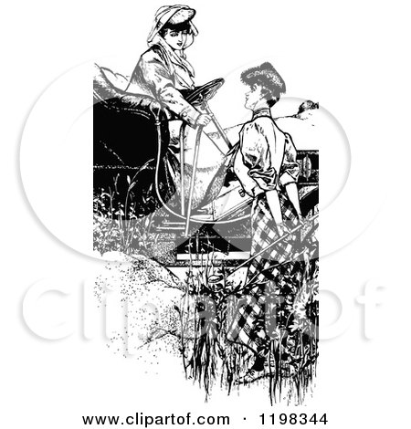 Clipart of a Black and White Vintage Lady Driving a Car and Talking to a Friend - Royalty Free Vector Illustration by Prawny Vintage