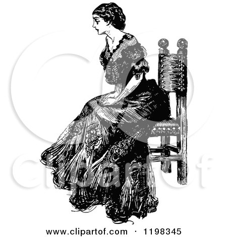 Clipart of a Black and White Vintage Sitting Lady - Royalty Free Vector Illustration by Prawny Vintage