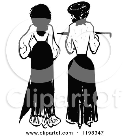 Clipart of a Black and White Vintage Rear View of Two Ladies - Royalty Free Vector Illustration by Prawny Vintage
