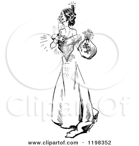 Clipart of a Black and White Vintage Happy Woman with a Money Bag - Royalty Free Vector Illustration by Prawny Vintage