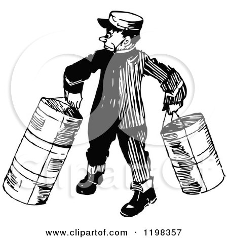 Clipart of a Black and White Vintage Porter Carrying Luggage - Royalty Free Vector Illustration by Prawny Vintage