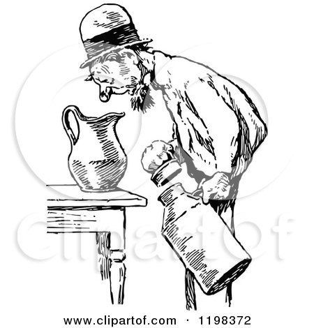 Clipart of a Black and White Vintage Man Looking in a Jug - Royalty Free Vector Illustration by Prawny Vintage