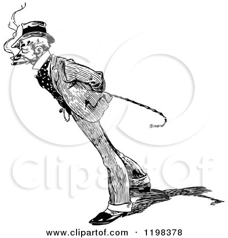 Clipart of a Black and White Vintage Man with a Cane and Striped Suit - Royalty Free Vector Illustration by Prawny Vintage