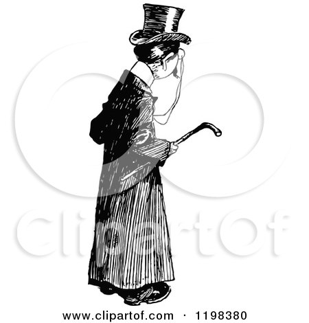 Clipart of a Black and White Vintage Posh Man Carrying a Cane - Royalty Free Vector Illustration by Prawny Vintage