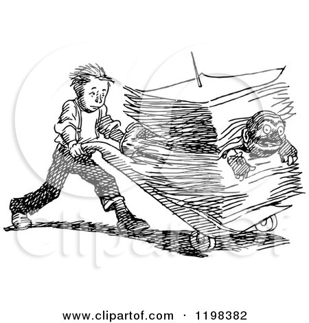Clipart of a Black and White Vintage Boy Pushing a Man in a Stack of Paperwork - Royalty Free Vector Illustration by Prawny Vintage