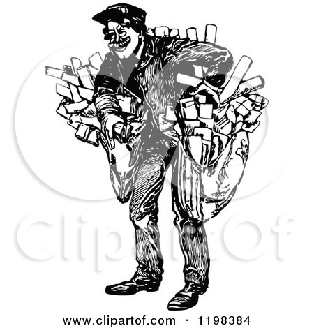 Clipart of a Black and White Vintage Happy Post Man - Royalty Free Vector Illustration by Prawny Vintage