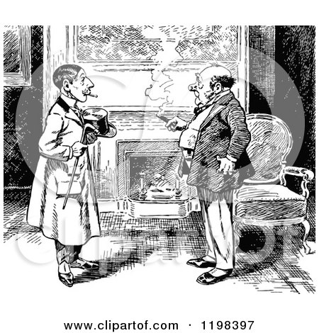 Clipart of Black and White Vintage Two Men Smoking and Talking by a Fireplace - Royalty Free Vector Illustration by Prawny Vintage