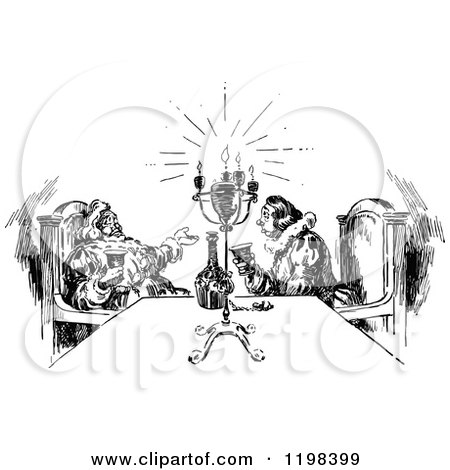 Clipart of Black and White Vintage Two Men Talking and Drinking at a Table - Royalty Free Vector Illustration by Prawny Vintage