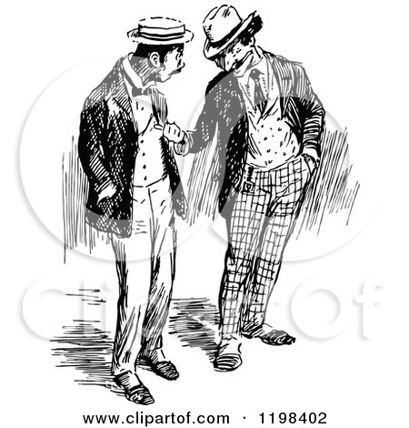 Clipart of Black and White Vintage Two Men Talking 4 - Royalty Free Vector Illustration by Prawny Vintage
