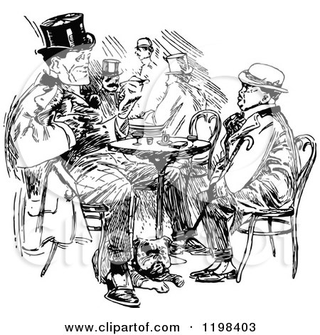 Clipart of Black and White Vintage Two Men Talking at a Table - Royalty Free Vector Illustration by Prawny Vintage