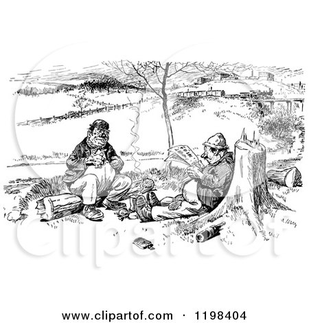 Clipart of Black and White Vintage Two Men Talking and Reading Outdoors - Royalty Free Vector Illustration by Prawny Vintage