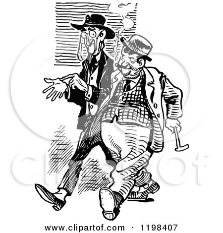 Clipart of Black and White Vintage Two Men Talking 6 - Royalty Free Vector Illustration by Prawny Vintage