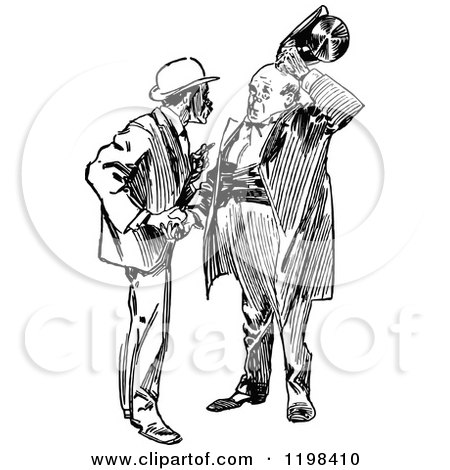 Clipart of Black and White Vintage Two Men Talking 9 - Royalty Free Vector Illustration by Prawny Vintage