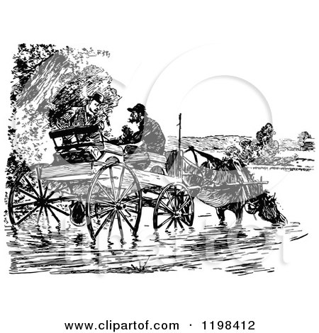 Clipart of Black and White Vintage Two Men Talking at a Horse Cart in the Water - Royalty Free Vector Illustration by Prawny Vintage