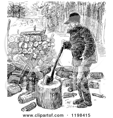 Clipart of a Black and White Vintage Man Chopping Wood - Royalty Free Vector Illustration by Prawny Vintage